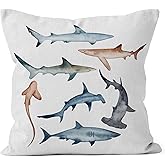 HIWX Shark Pillow Covers, Watercolor Coastal Beach Sharks Decorative Pillowcase Throw Pillow Covers for Sofa Couch Home Kids Room Bedroom Decor 18 x 18 Inch