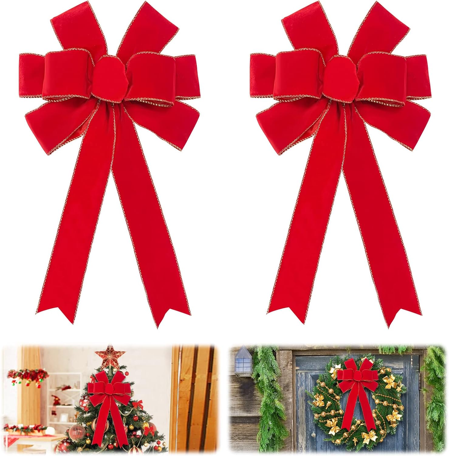 Bows & Ribbons - Red Bows Christmas Decorations 12”X20” Big Red Velvet Ribbon Wired Decorative Bows with Glitter Gold Edge for Tree Topper, Outdoor Indoor Wreaths Stair Fence Xmas Home Front Door Decorations (2 PCS)