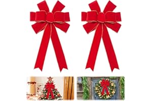 VECACOSIC Red Bows Christmas Decorations 12”X20” Big Red Velvet Ribbon Wired Decorative Bows with Glitter Gold Edge for Tree Topper, Outdoor Indoor Wreaths Stair Fence Xmas Home Front Door Decorations (2 PCS)