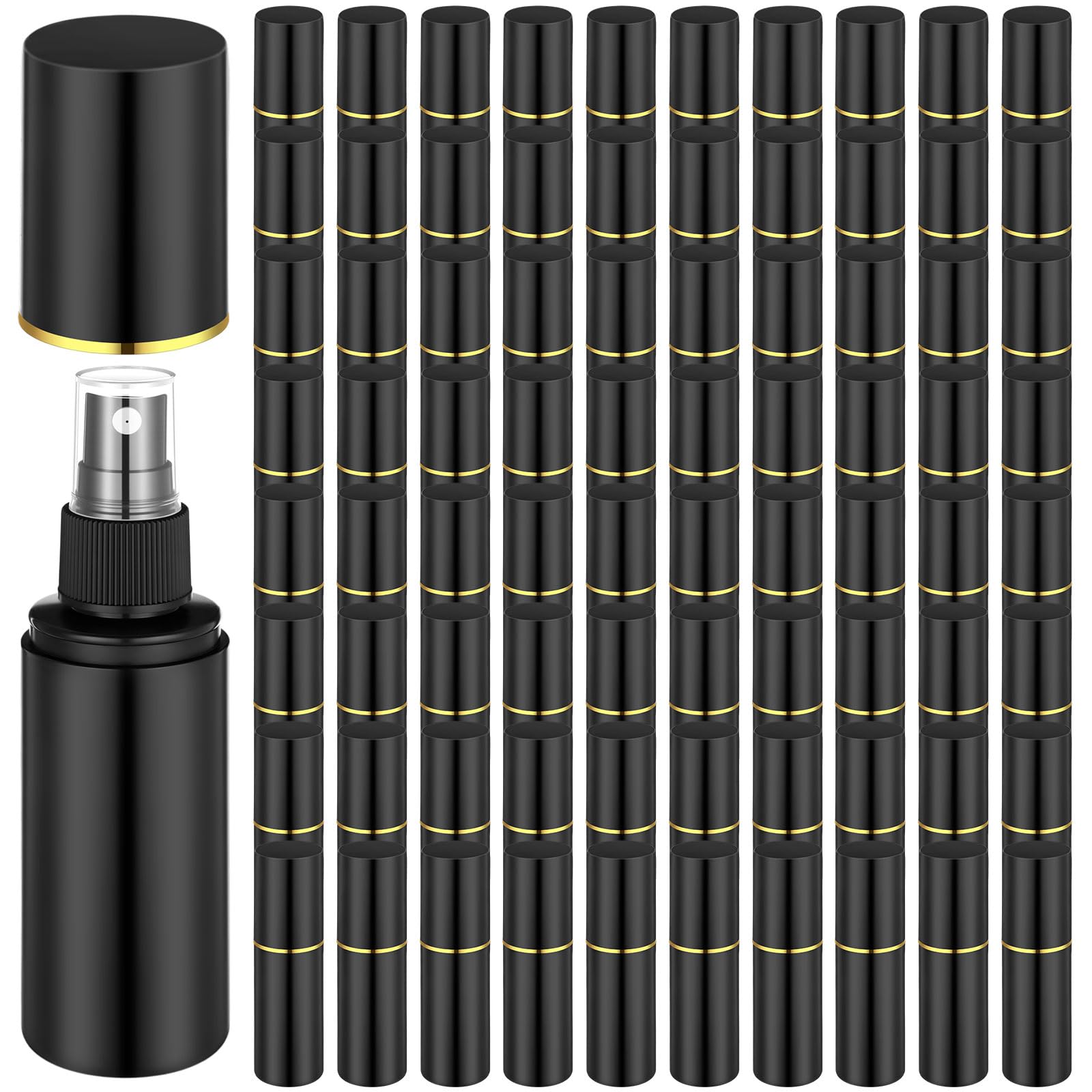Photo 1 of Yiyiring 80 Pack 2 oz Plastic Spray Bottles Fine Mist Travel Spray Bottles with Pump Cap Double Cap Refillable and Reusable Empty Plastic Containers for Travel Cosmetic Essential Oils Perfume(Black)