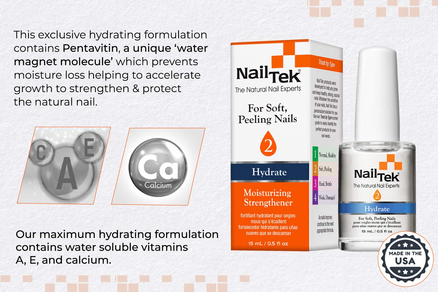 Nail Tek Hydrate 2, Moisturizing Strengthener for Soft and Peeling Nails, 0.5 oz, 2-Pack : Beauty