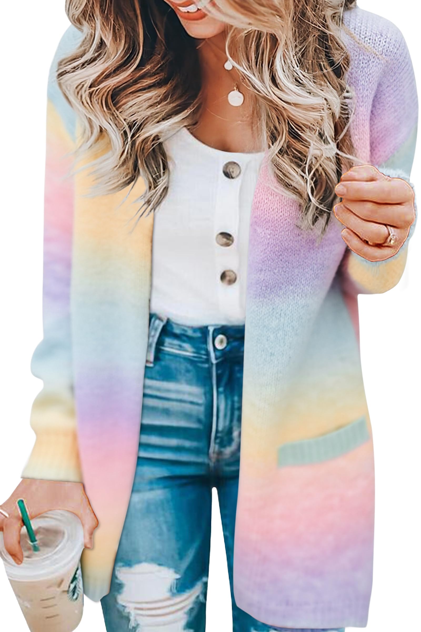 ECOWISH Cardigan Sweaters for Women Fall Causal Color Block Striped Long Sleeve Open Front Cozy Knitted Coats Spring Outwear 3183 Pink Large