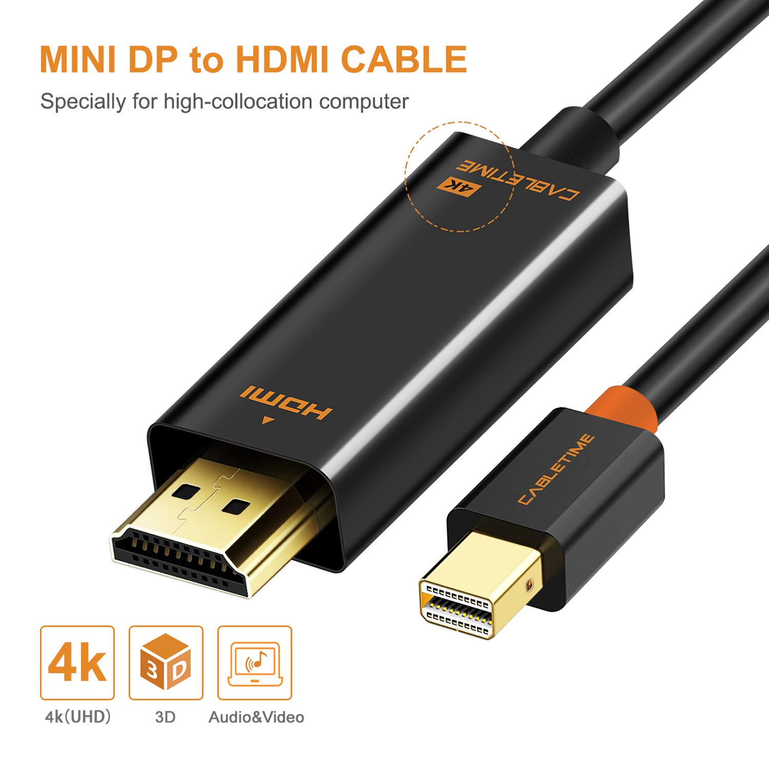 Mini Displayport(Thunderbolt) to HDMI Cable Mini DP to HDMI Converter(Adapter) 4K HD Gold-Plated Cord for MacBook Air, Mac mini, Microsoft Surface Pro 3/4, etc Black (6 Feet (1.8M))