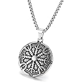 Zysta Men's Viking Helm of Awe Necklace Stainless Steel Compass Pendant Necklace Navigator Forged Medallion Pendant for Male Protection Talisman Travel Jewelry