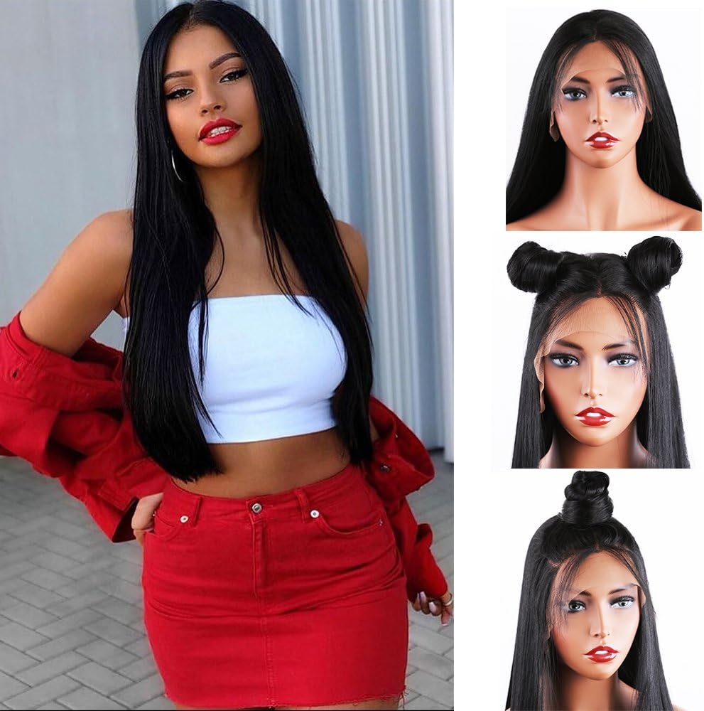 Evlynn Hair Synthetic Lace Front Wigs Long Straight Swiss Lace Wig Heat Resistant Fibre With Baby Hair Natural Black Wigs 20 Inch