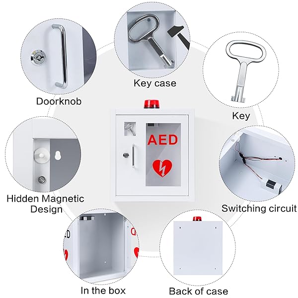 LIKOM AED CABINET, FIRST AID DEFIBRILLATOR WALL MOUNTED STORAGE CABINET STAINLESS STEEL SNAP LOCK FITS ALL BRANDS CARDIAC SCIENCE W/ALARM AND LIGHT 14 X 7.9 X 15.8 INCH