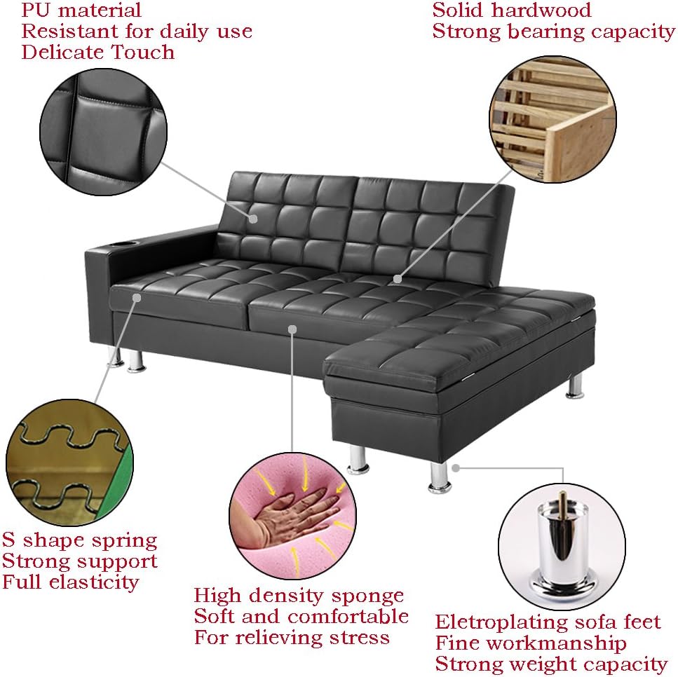 Feifeiyo 1 x Sofa Faux Leather Folding Sofa Bed With Cup Holders Living Room Sofa Spare Room or Guest Room Bed (Black)