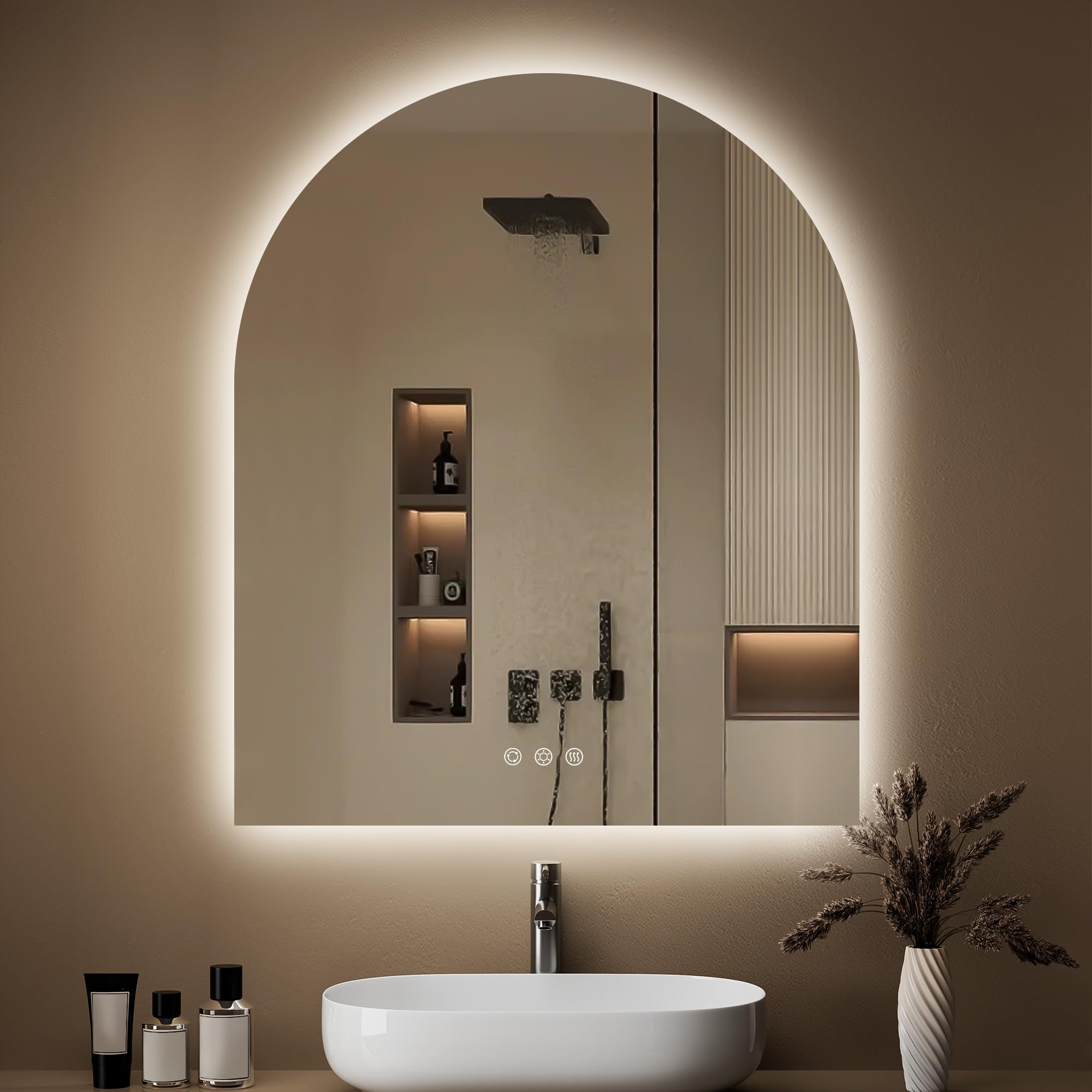 Photo 1 of ***ELECTRIC COMPONENTS NON FUNCTIONAL (DAMAGED)*** OUMUSU Arched Backlit Mirror Bathroom 30"x36"- Frameless LED Bathroom Mirror with Lights, Fogless, Dimmable, 3 Color Changing, Shatterproof, Touch Sensor