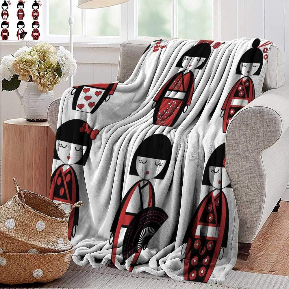 PearlRolan Fuzzy Blanket，Girls,Unique Asian Geisha Dolls in Folkloric Costumes Outfits Hair Sticks Kimono Art Image,Black Red,Luxury Flannel Throw Blankets for Bed(Lightweight,Super Soft) 60"x80"