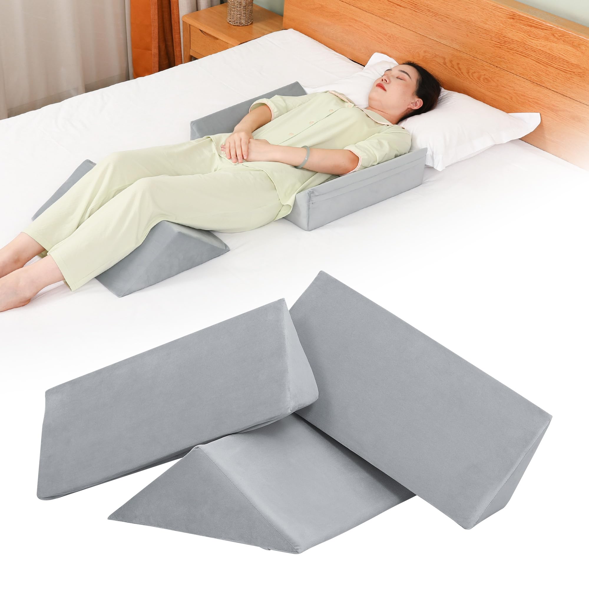 Photo 1 of TYYIHUA 3 in1 Foam Wedges for Positioning in Bed,Wedge Pillows for Seniors,Wedges for Bed Positioning,Bed Wedges & Body Positioners,Wedge Pillow for Back Pain Relief, Bed Sores,Gray Velvet