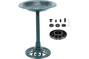 FSUON Bird Bath 28 Inch Height with Solar Powered Fountain, Polyresin Standing Antique Birdbath for Outdoor Garden Decor, Green
