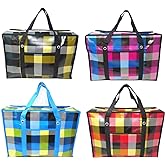 Set of 4 Large Reusable Unbreakable Hard Plastic Fabric Checkered Laundry Bags with Zipper and Handles for Travel, Grocery, Laundry, Shopping, Storage, Moving,Size:(19.5"x13.5"x7.5")- Colors may vary