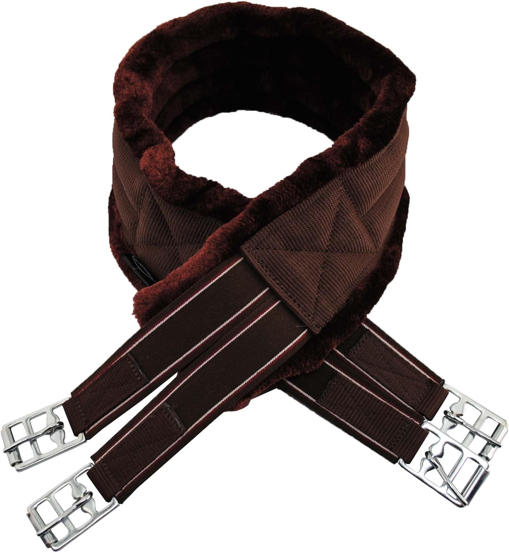 New Quality Brown/Brown Sheepskin Synthetic Fur Nylon Girth Horse, Cob, Pony, Elasticated DRing Fastening
