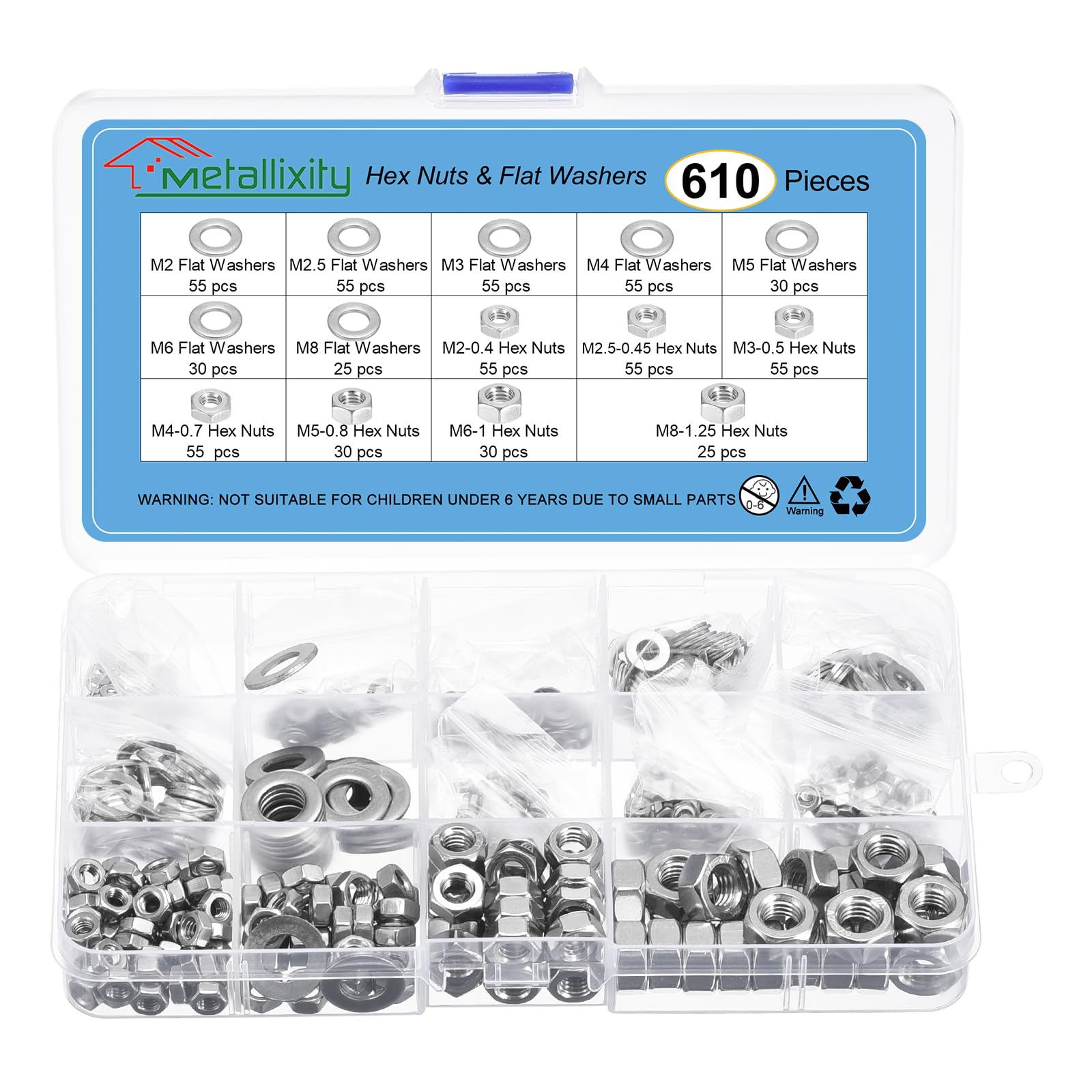 METALLIXITY Hex Nuts Assortment Kit (M2-0.4, M2.5-0.45, M3-0.5, M4-0.7, M5-0.8, M6-1, M8-1.25 with Washer) 610Pcs, 304 Stainless Steel Hexagon Nut Hardware Kit