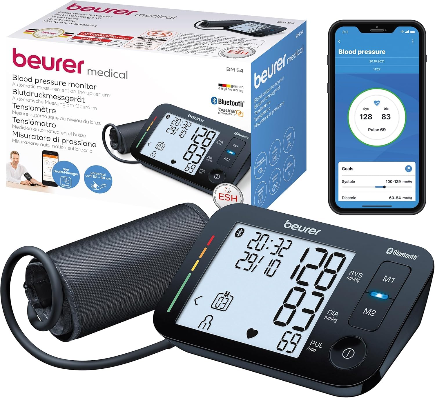 Beurer BM54 Smart Automatic Blood Pressure Monitor for Home Use, Blood Pressure Machine with Arrhythmia Detection & Colour-Coded Risk Indicator, XL Upper-Arm Cuff & with free Smartphone App