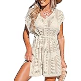 CUPSHE Women Crochet Swim Coverups Short Sleeve Drawstring Beach Coverups Dress