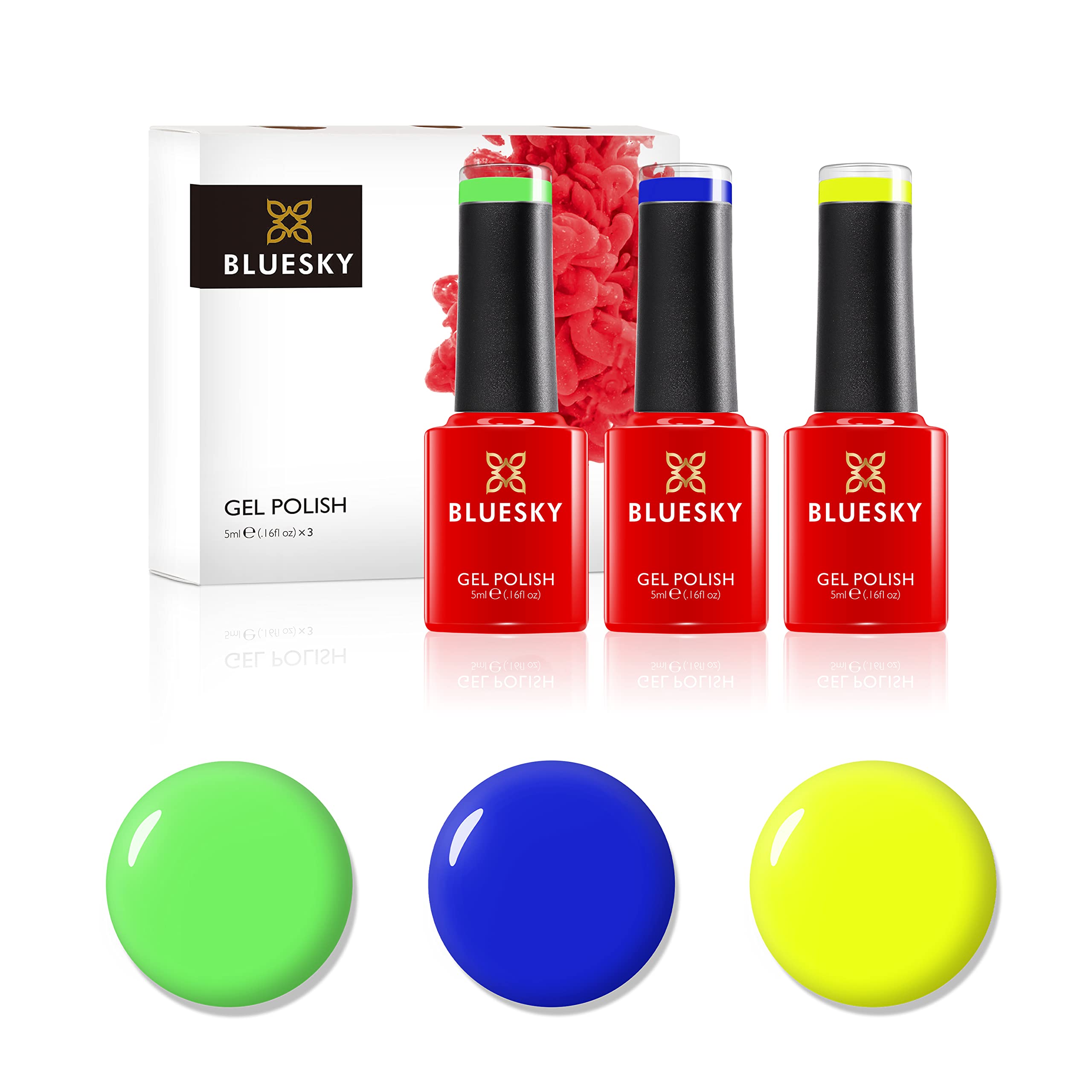 BLUESKY Gel Nail Polish Set, Rainbow Brights. Sorbet Zest Neon34, Apple Green Neon10, Blue Bamboo Neon32. 3 X 5Ml. (Requires Curing Under Uv/Led Lamp)
