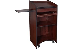 OEF Furnishings Mobile Floor Lectern with Side Shelf And Keyboard Tray, Mahogany