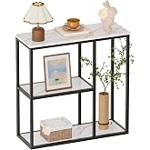 WOHOMO Console Table, 12 Inch Narrow Entryway Table for Living Room, 31.5 Inch Modern Industrial Sofa Table with 3-Tier Storage Shelves for Corridor, Hallway, White Marble