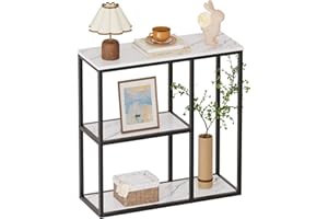 WOHOMO Console Table, 12 Inch Narrow Entryway Table for Living Room, 31.5 Inch Modern Industrial Sofa Table with 3-Tier Storage Shelves for Corridor, Hallway, White Marble