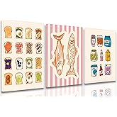 Cute Funny Kitchen Wall Art Set of 3, Fashion Breakfast Food Avocado Toast Canvas Prints Poster, Vintage Simple Sardines Watercolor Picture for Dining Room Kids Room Wall Decor 12x16 Inch Framed