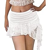 Kolagri Women Y2K Lace Mini Skirt Low Rise Pleated Ruffle Short Skirts Layered Flowy Asymmetrical Fairy Half Slip Skirt
