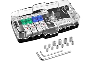 Bolipoeq 12V Fused Power Distribution Block Car Audio 4 Way MIDI (Mini-ANL) Fuse Block with Ground, 0/2/4 Gauge in 4/6/8 Gauge Out Distribution Block for Automotive Car Marine Boat Solar Panel