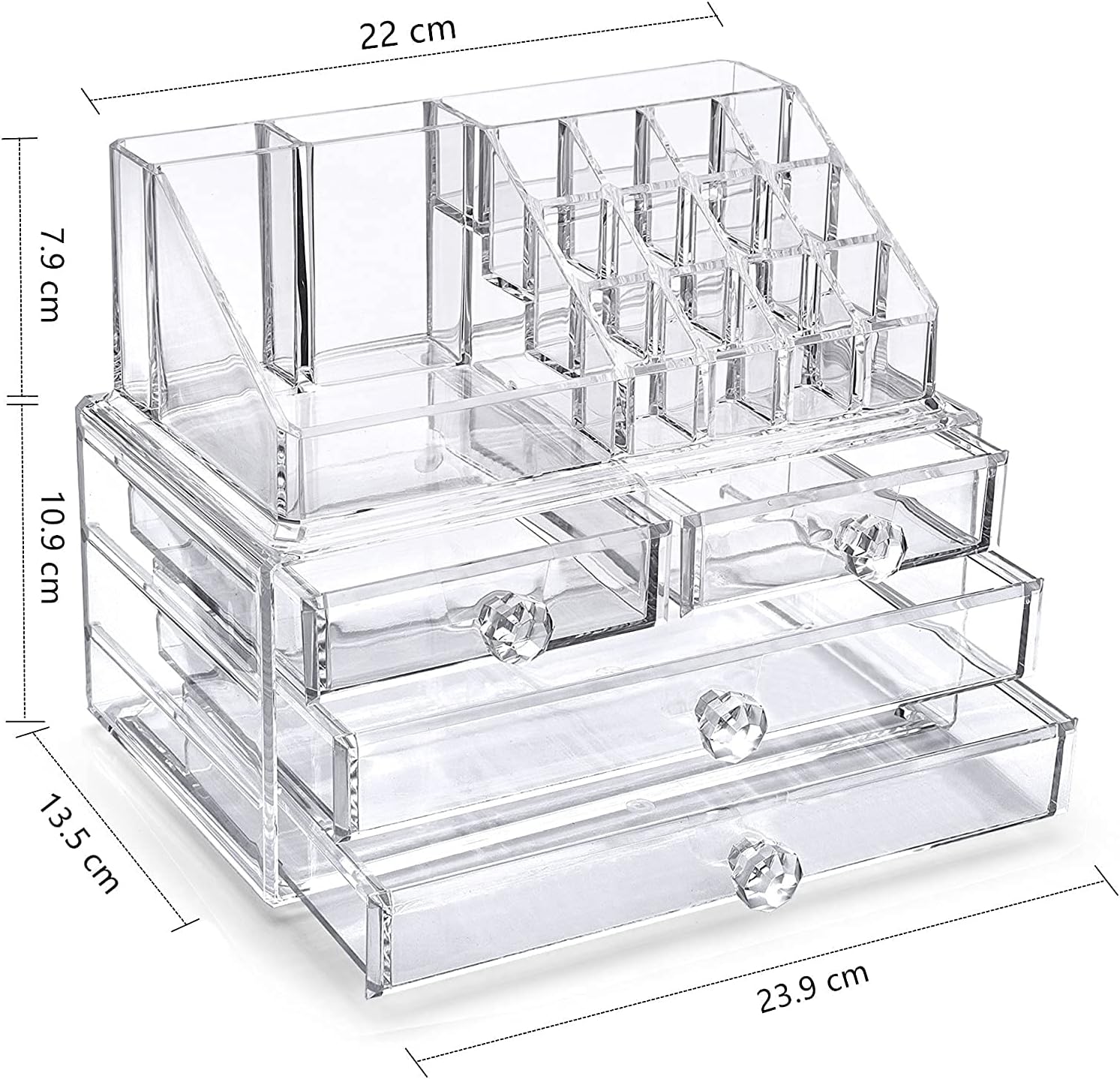 iPEGTOP Acrylic Clear Make Up Organiser Cosmetic Storage Box Display Makeup Case, 20 Sections with 4 Drawers, Diamond Drawer Handle: Home Improvement