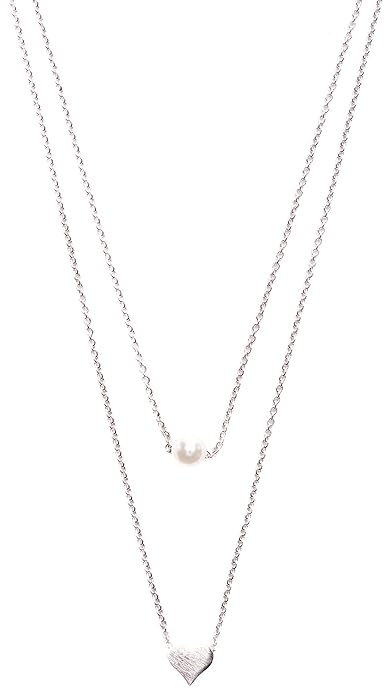 Happiness Boutique Damen Mehrreihige Kette mit Herz und Perle Anhängern in Silber | 2 Reihige Minimalist Kette nickelfrei