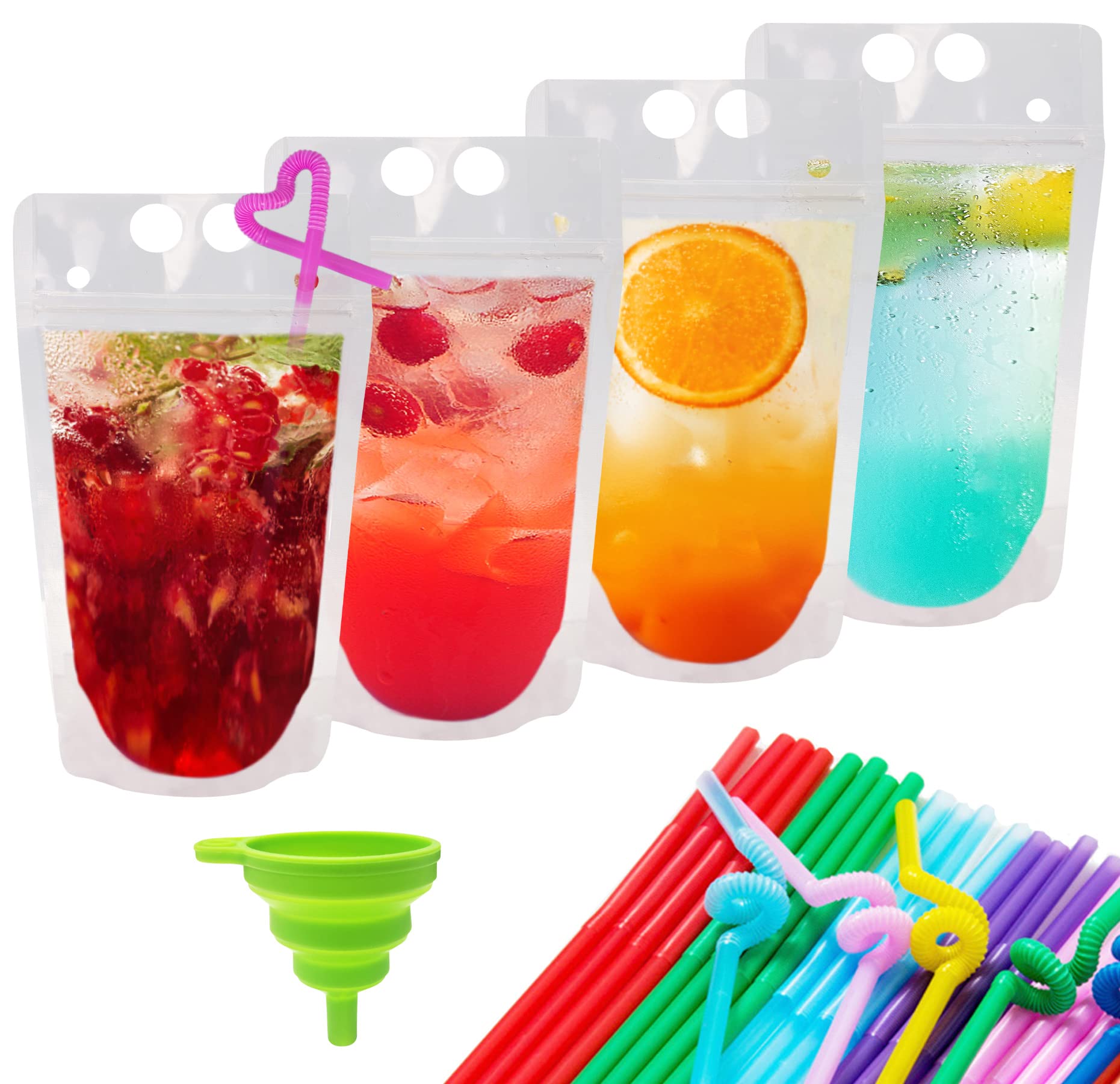 Photo 1 of Ozera 100 Pcs Drink Pouches for Adults, Reusable Drink Pouches, Hand-held Clear Juice Pouches for Adults with Straw Funnel Smoothie Heavy Duty Drink Bags for Cold Hot Drinks