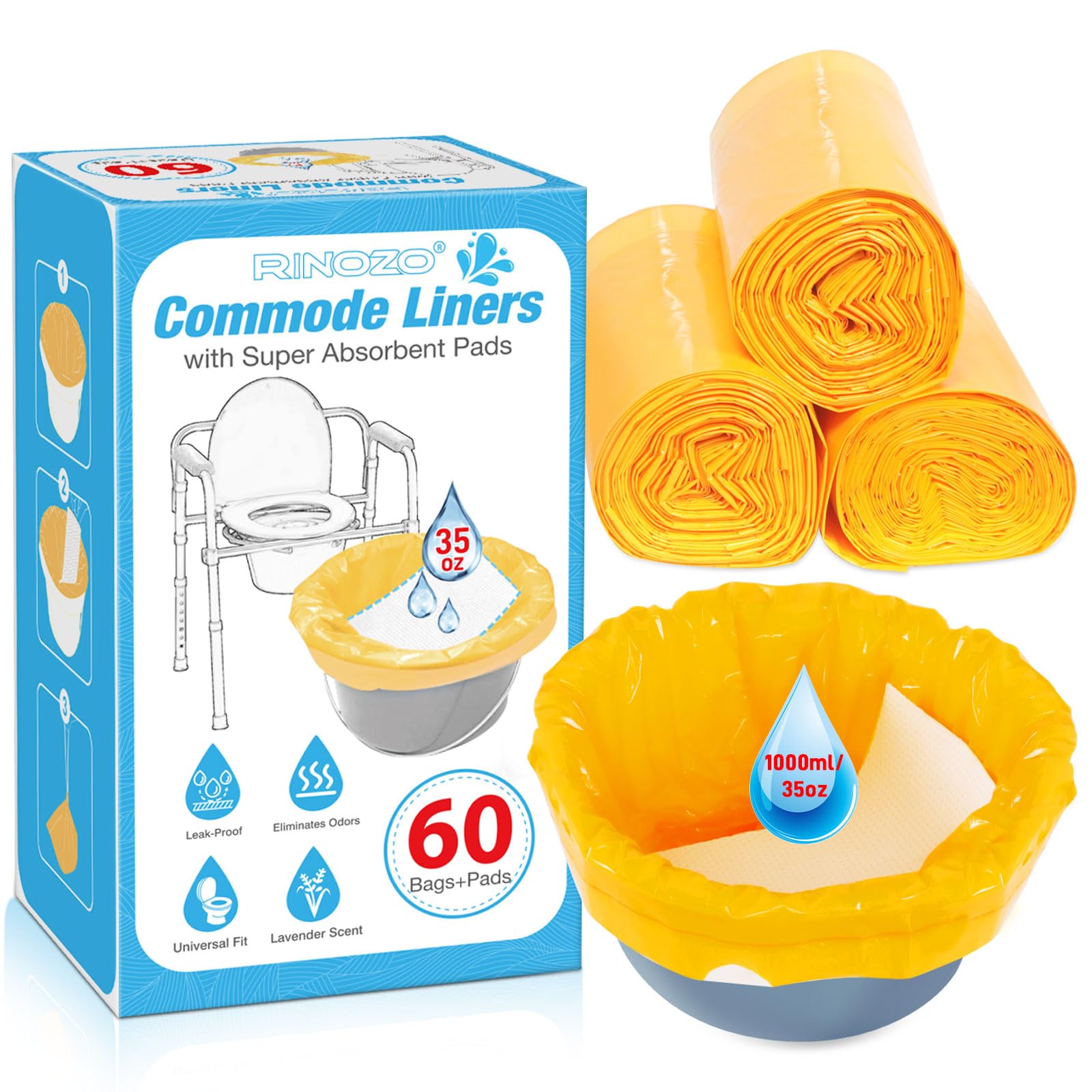 Commode Liners with Super Absorbent Pads 60 Pack Bedside Commode Liners Universal Fit All Standard Portable Toilet Chair Bucket Disposable Waste Bags