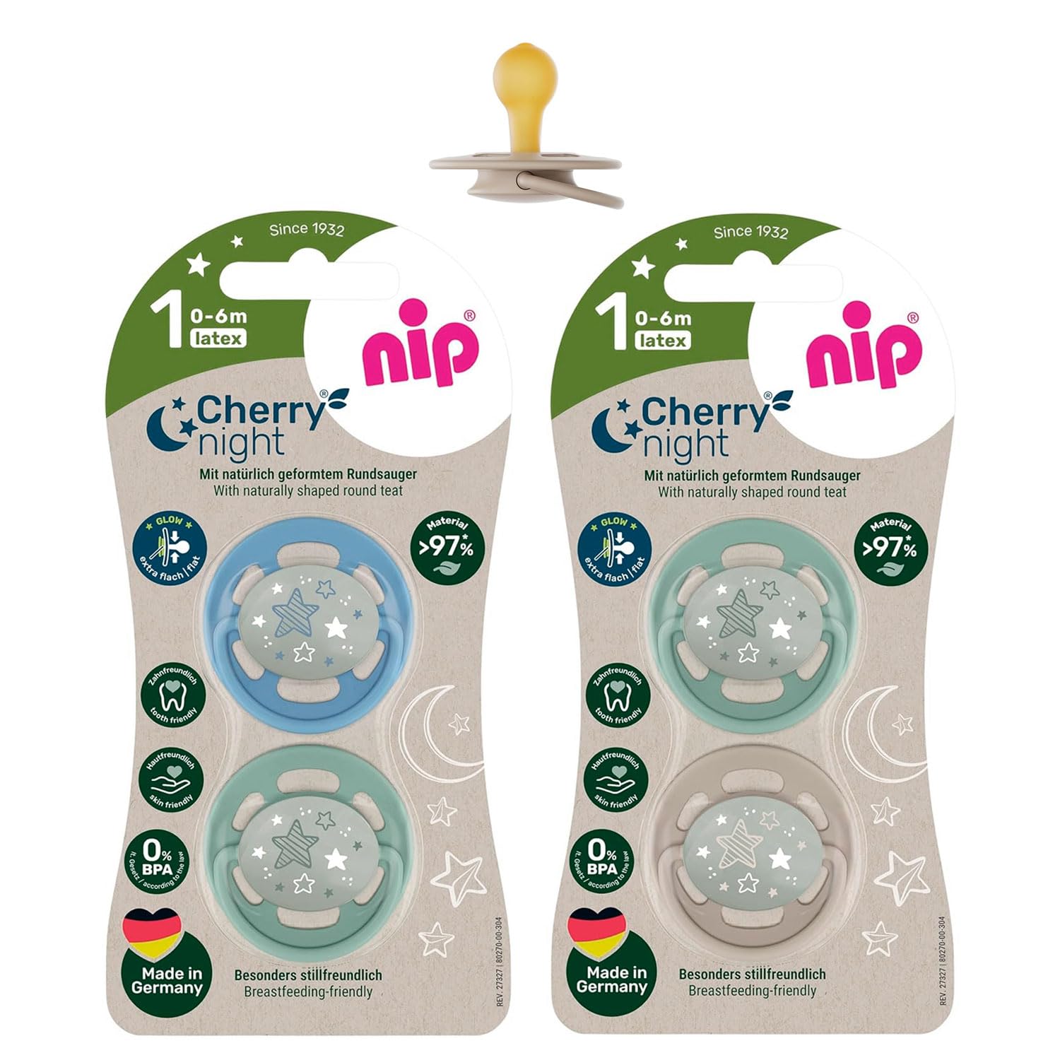 nip Round Shape soothers 0-6, Pack of 4 Black & White, from Birth, Glow in The Dark, Made in Germany