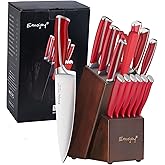 Emojoy 15-Piece Kitchen Knife Set with Wooden Block, German Stainless Steel Sharp Chef Knife Set, Dishwasher Safe and Rust Proof (Red)