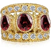 THJEW Dainty Multi Three Red Ruby Garnet Crystal Stone Wide Band Ring,14K Gold Plated Full Cubic Zirconias for Women