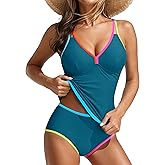 Blooming Jelly Womens Tummy Control Tankini Swimsuits Color Block Bathing Suit V Neck Two Piece Swimwear with Shorts