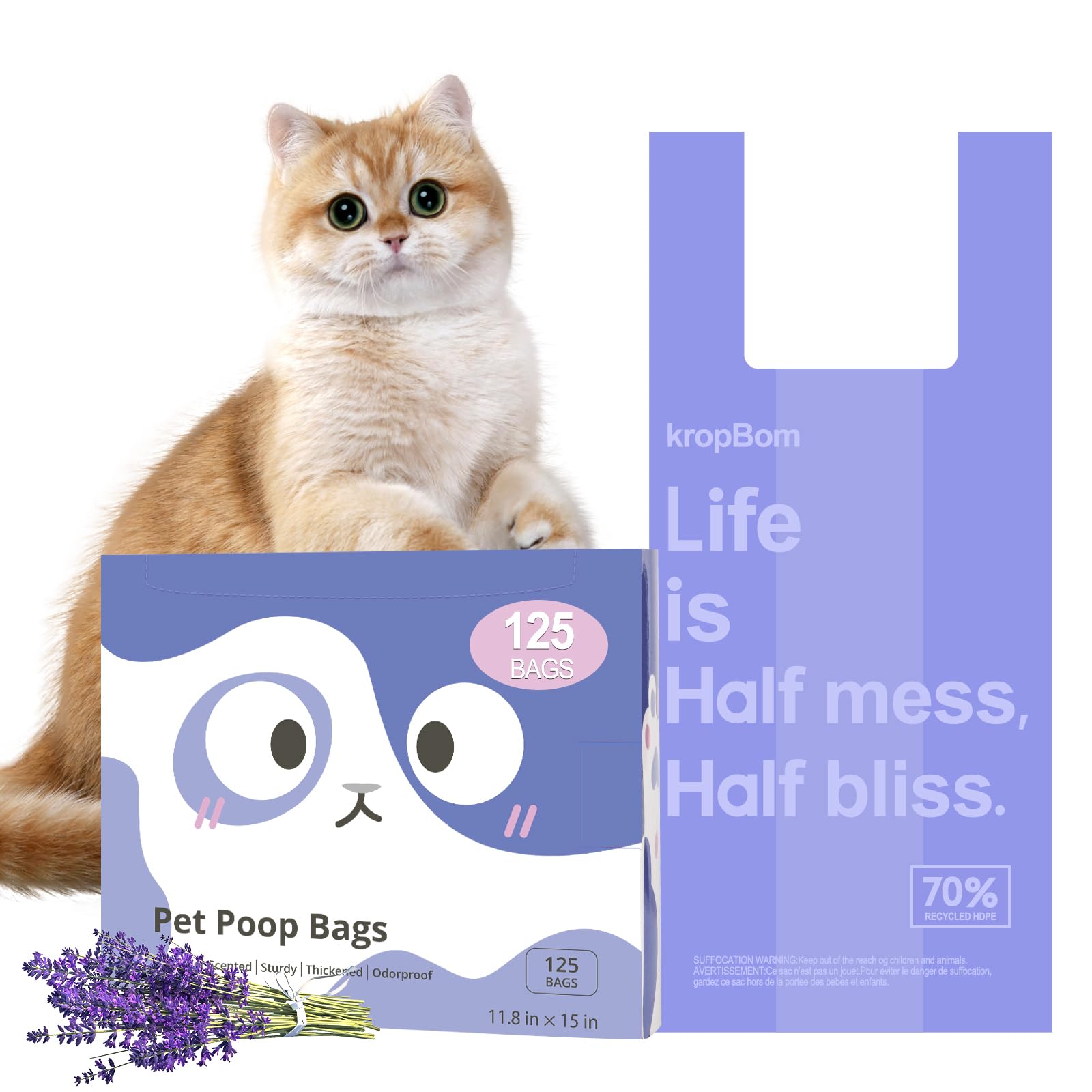 Photo 1 of 125 Count Cat Litter Bags Lavender Scented with Handles, Disposable Litter Bags for Pet Poop, Extra-Thick Kitty Waste Bags Easy Tie Leak-Proof Strengthen
