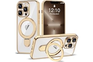 ETPESOK Compatible with iPhone 13 Pro Max Case with Invisible Magnetic Ring Stand [Compatible with Mag-Safe] [Full Camera Lens Protector] Plating Clear Phone Case for iPhone 13 Pro Max 6.7", Gold