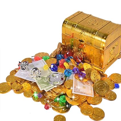 Thboxes Retro Treasure Box with Lock Toys for Party Favors Props Decoration Pirate Treasure Chest for Kids Pirate Treasure Chest Cover (Gold) Set 14x11x10cm