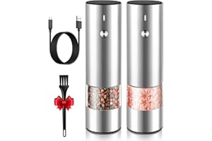 KTKUDY Electric Salt and Pepper Grinder Set - USB Rechargeable - Durable Modern Style - Automatic Black Peppercorn & Sea Salt Spice Mill Set with Adjustable Coarseness & LED Light Refillable