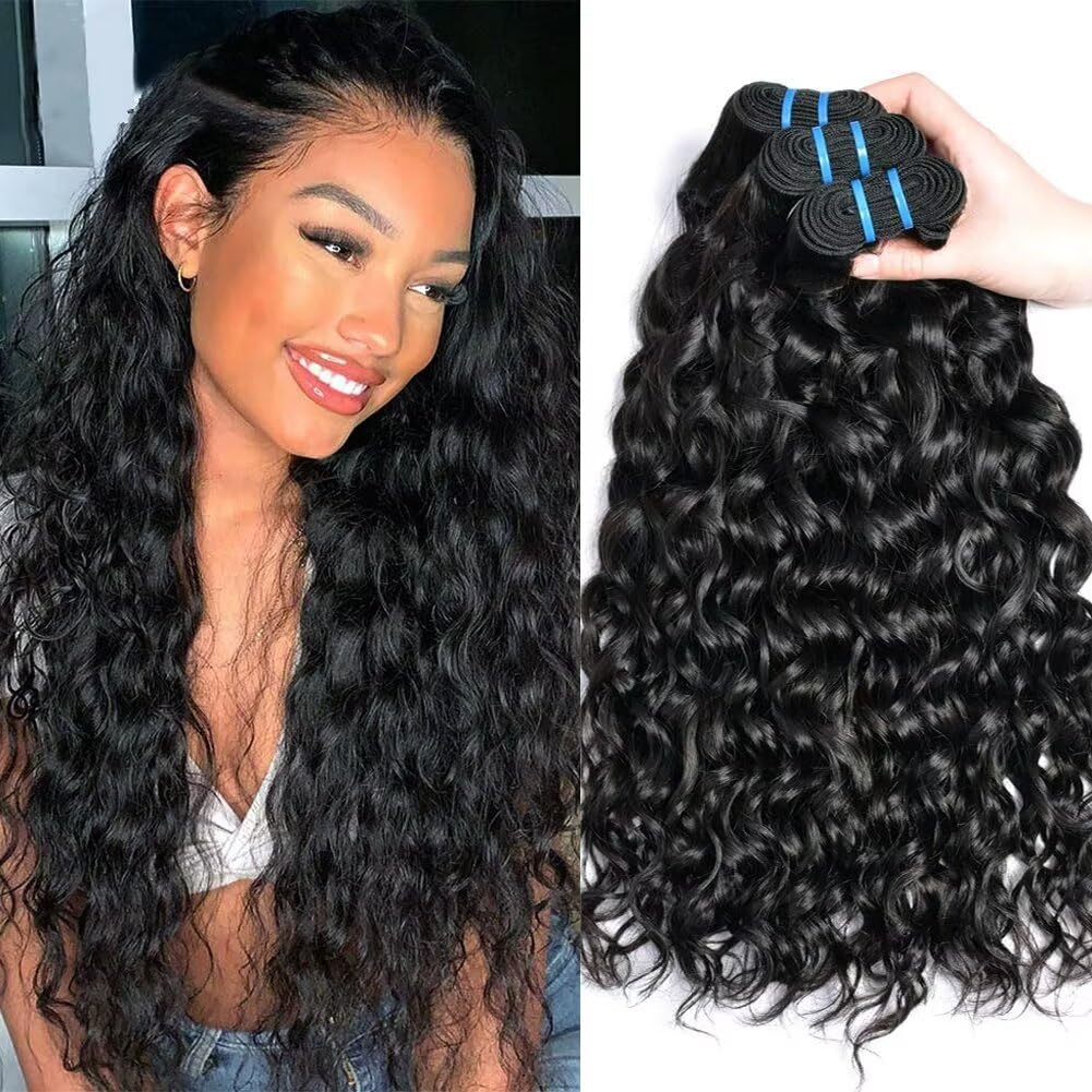 Ladiaryf Water Wave Human Hair Bundles Brazilian Virgin Hair 3 Bundles Wet and Wavy Human Hair Bundles 8 8 8 Inch Unprocessed Virgin Human Hair Extensions Water Wave Hair Weave Natural Black Color