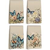 4 Pcs Vintage Butterfly Kitchen Towels, Watercolor Floral Decorative Absorbent Microfiber Dish Cloth Tea Towel, Artistic Waffle Soft Hand Towels for Farmhouse Home Bathroom, Butterfly Gifts