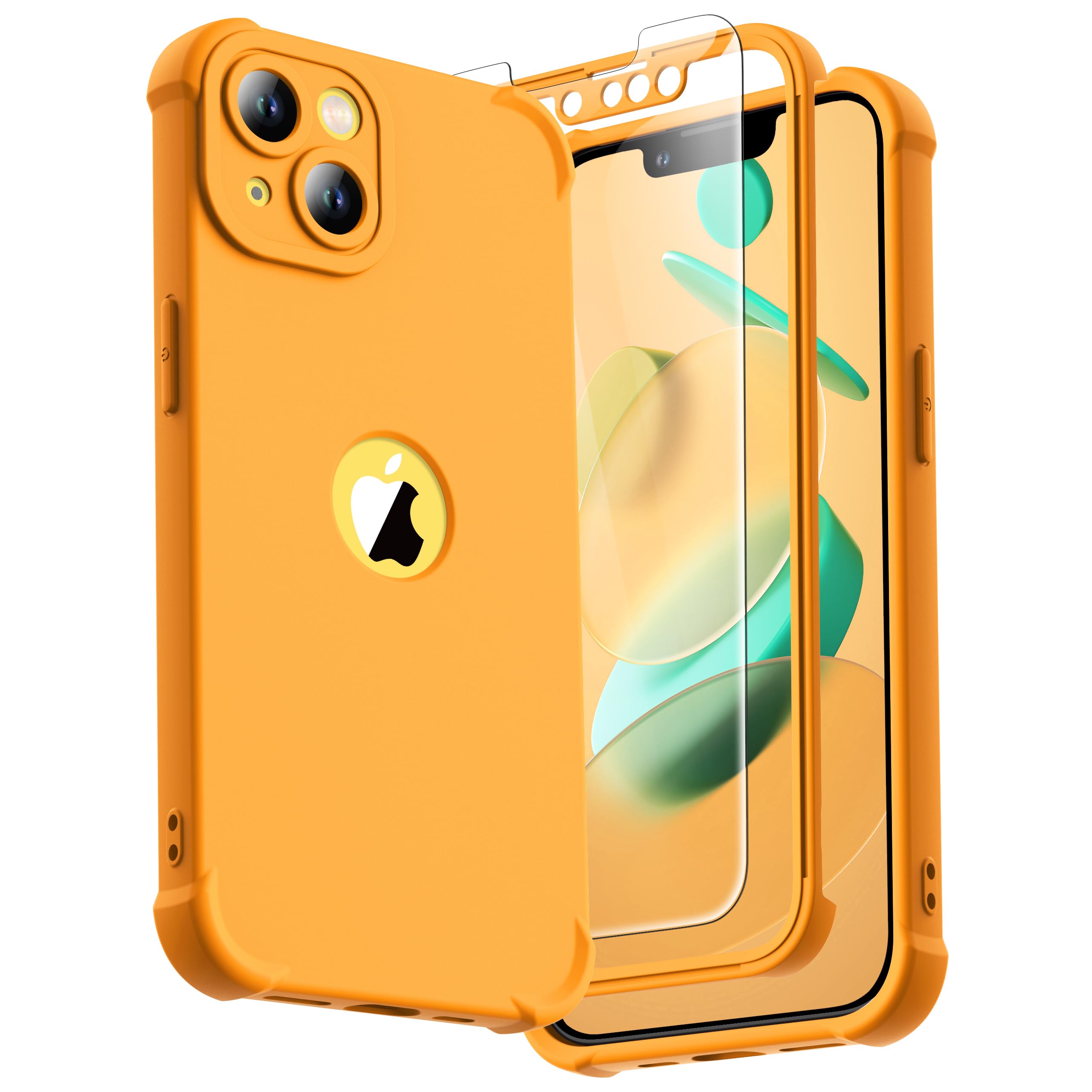ORETECH for iPhone 13 Case, with [2 Pack Tempered Glass Screen Protector] [Camera Lens Guard] [15FT Military Grade Drop Test] 360° Shockproof Slim Fit Rubber Bumper Phone Cover - Yellow — image 1