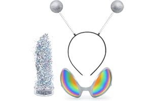Farochy Costume Headwear - Silver Alien Headband with Glasses and Holographic Glitter, Halloween, Cosplay Party, Christmas, Birthday, Unisex, Partygoers, Families, All Ages