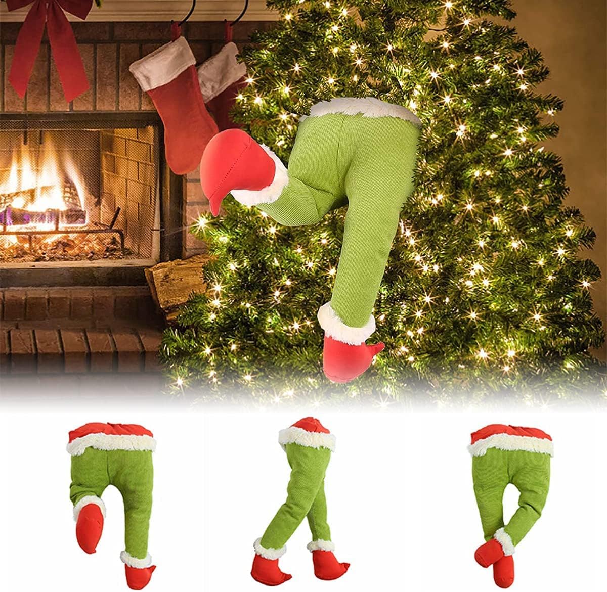 Tree Toppers - Christmas Elf Body Tree Decorations, Christmas Green Monster Stole Xmas Tree Topper, Pose-able Christmas Elf Stuffed Leg Arm and Head for Christmas Tree Hanging Ornament (Legs, 17.7x9.2 inch)
