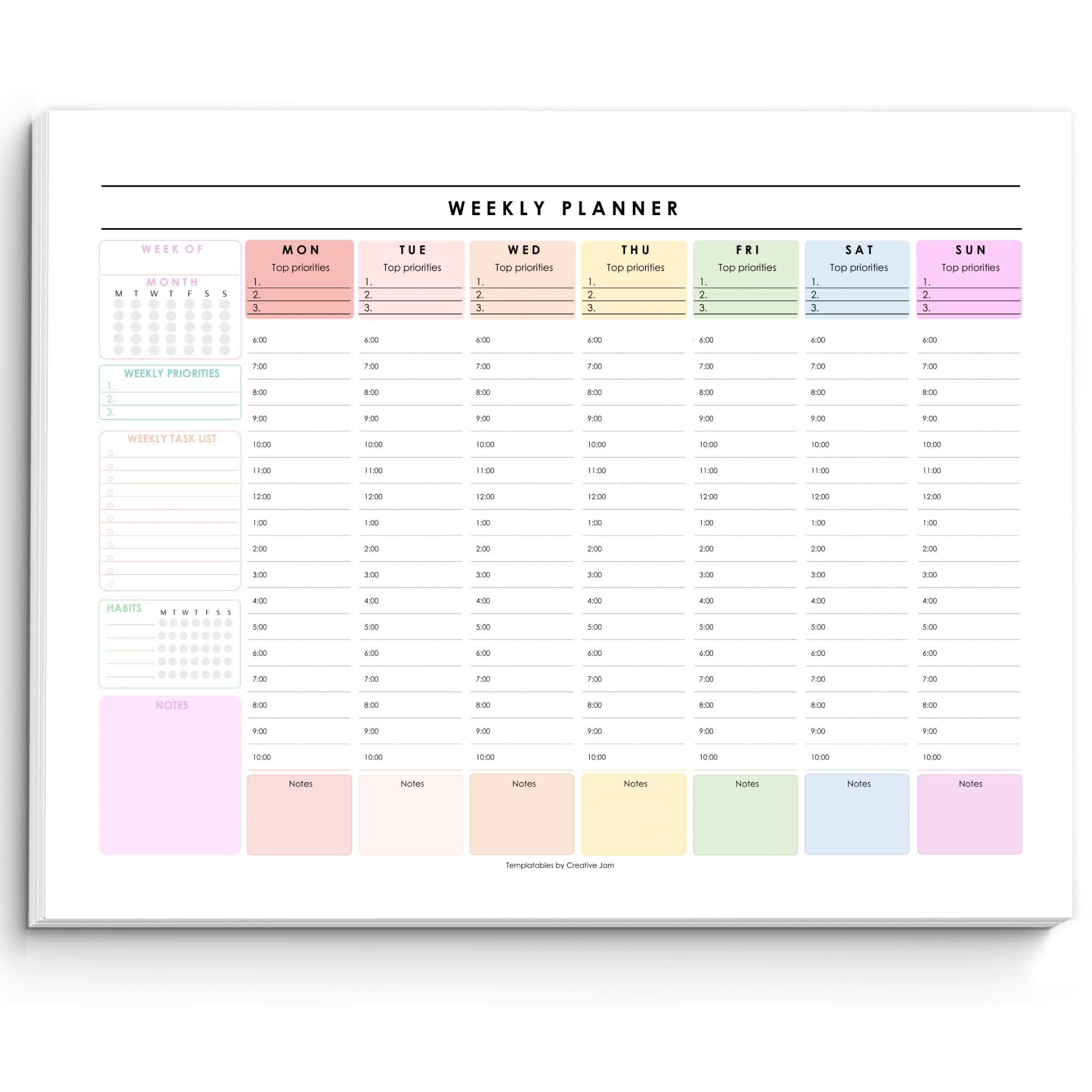 Weekly Hourly Planner Notepad, Daily Planner Desk Pad, Weekly Schedule, To Do List Note Pad, ADHD Planner | 50 Undated Tear Away Sheets | A4 (Rainbow) — image 1