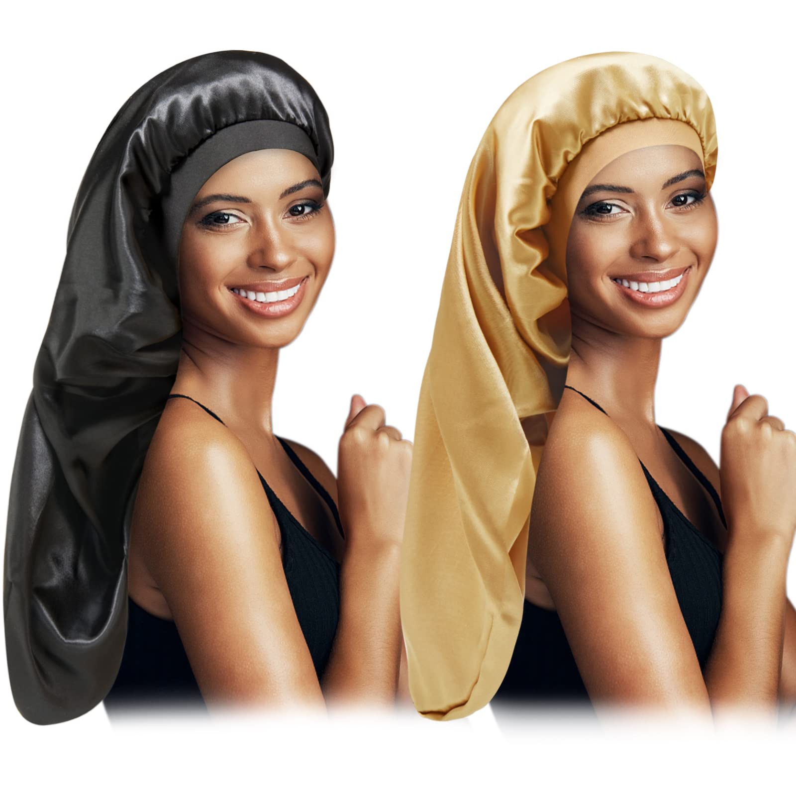 CACASO Long Satin Bonnet Sleep Cap, Black Extra Large Silk Bonnet for Natural Hair, Bonnets for Women Night Sleep, Wide Elastic Band, Very Soft & Comfortable (Black+Gold)