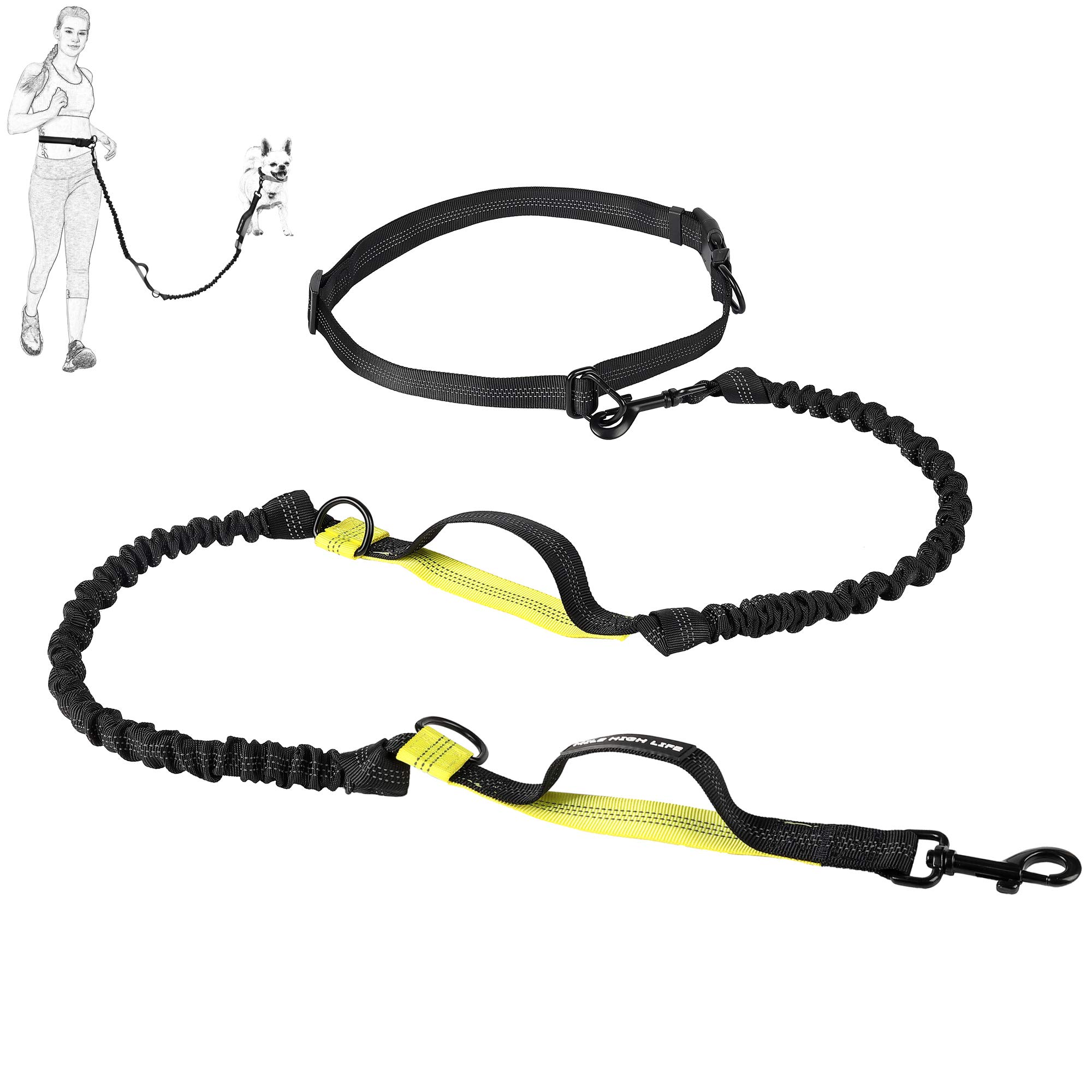 Mile High Life | Retractable Hands Free Dog Leash | Waist Running Adjustable | Reflective Dual Bungees | Dual Handles | Small Medium Large Dogs | (Lemon Yellow)