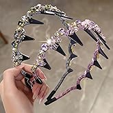 Hoojoot 2 Packs Retro High Skull Shiny Diamond Headband,Reversible Comb Hairband with Teeth,No-Slip High Cranium Purple&Gray Headbands for Women Girls Daily Dating Decorations party