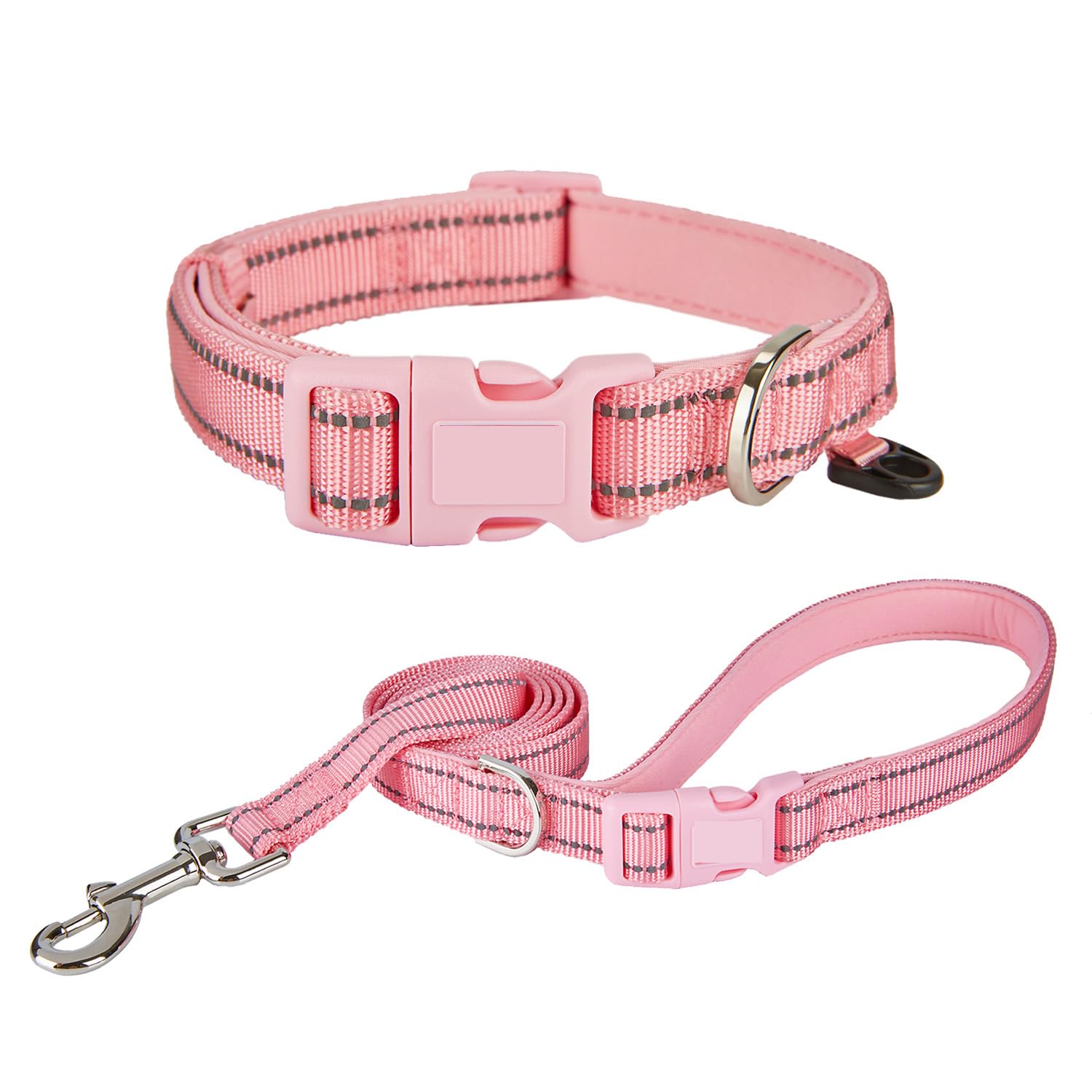 Petiry Reflective Nylon Dog Collar and Lead Set,Adjustable Pet Collar with Soft Neoprene Padded for Medium Dogs Neck 30 to 47cm,Lead Size 2.0 x 120cm,Pink,M