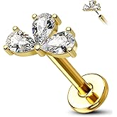 Cocharm 14K Solid Gold Cartilage Earring - 16g Flower Yellow Gold Flat Back Helix Stud, 14K Gold Push in Tragus Earring, Threadless Conch Stud